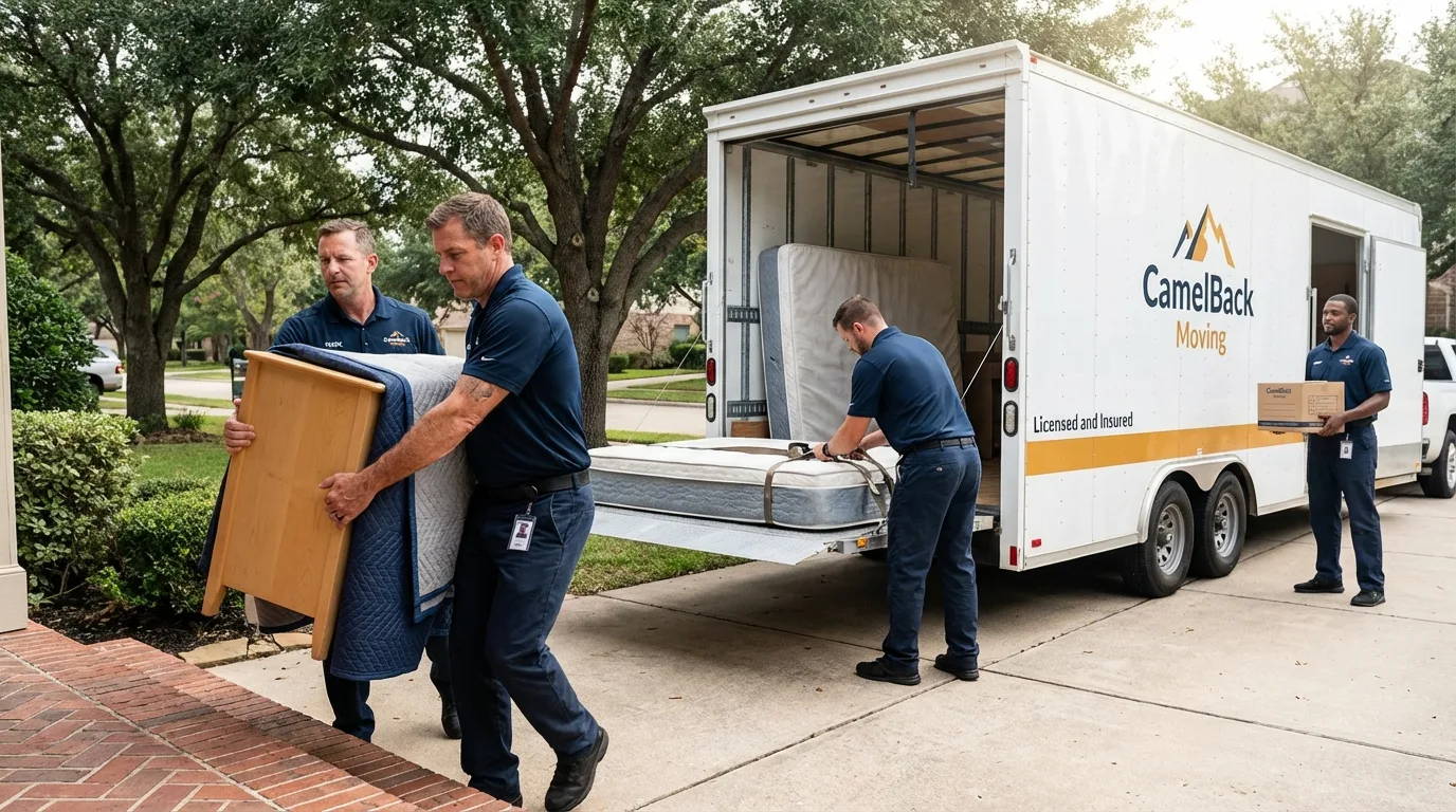 Crew loading residential truck for cross-state move from Rolla, ND