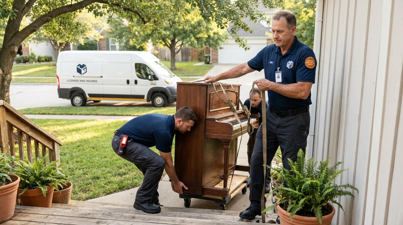 Licensed piano movers securing grand piano in Rolla, ND