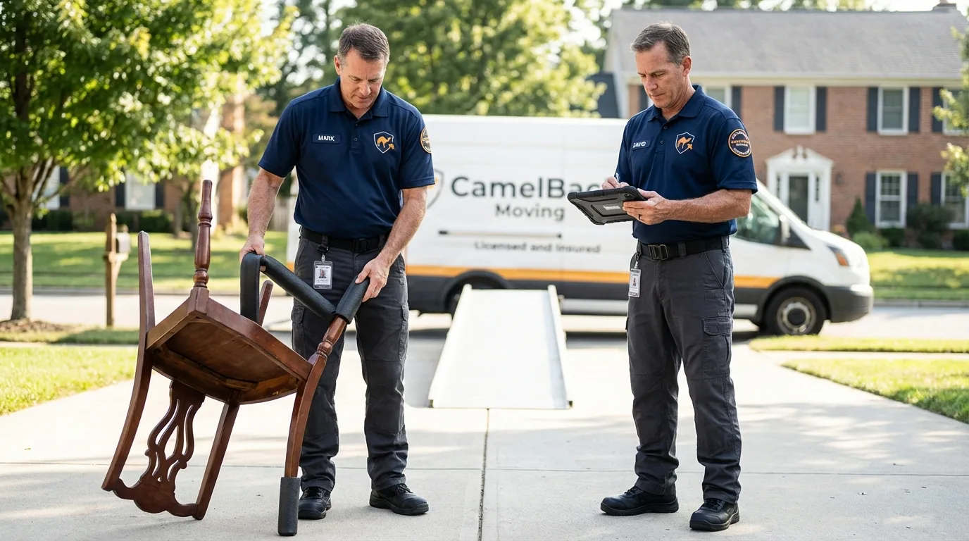 Movers inspecting furniture for damage prevention before loading in Rolla, ND