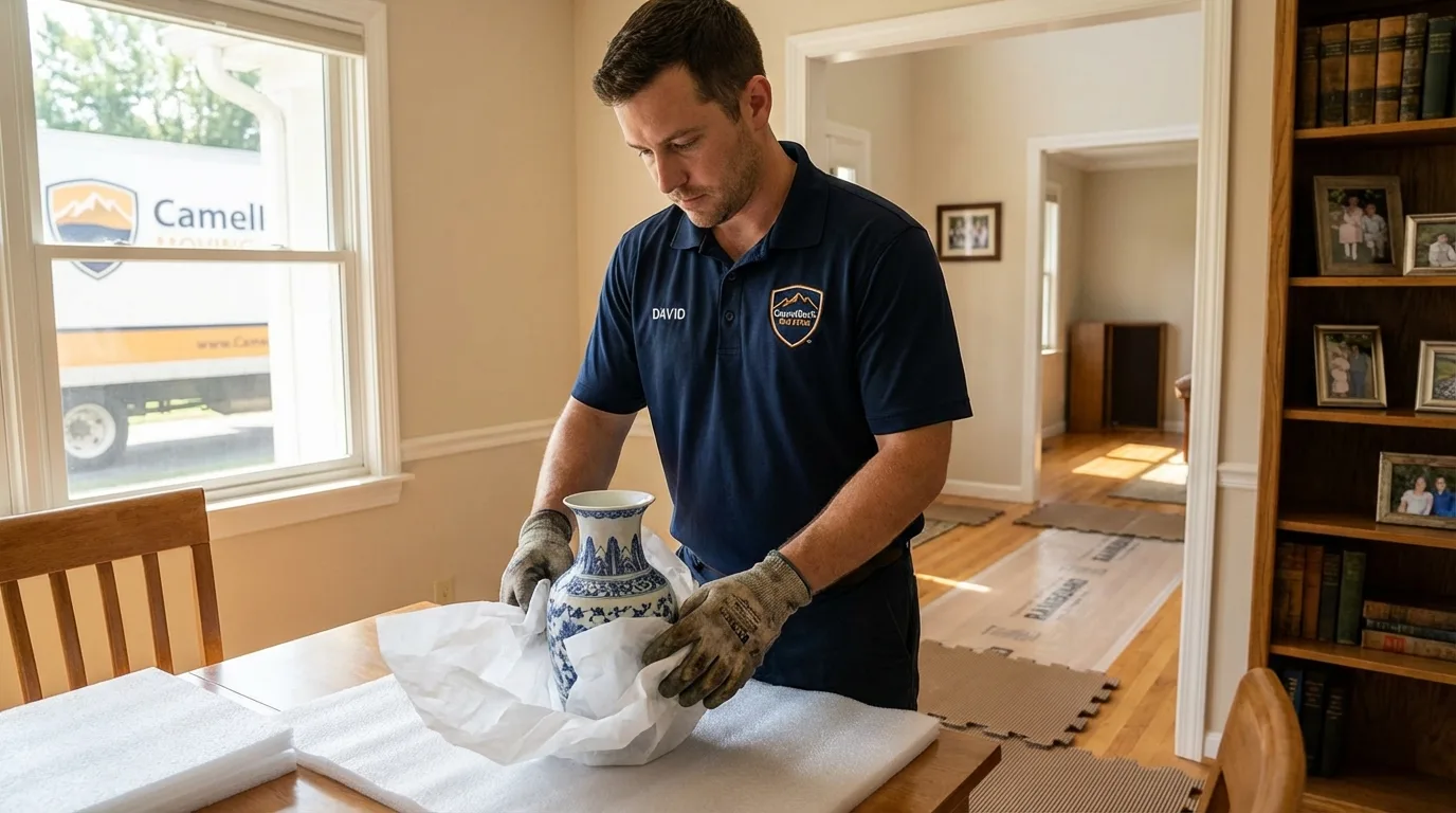 Professional crew carefully wrapping antique vase for senior downsizing move in Rolla, ND